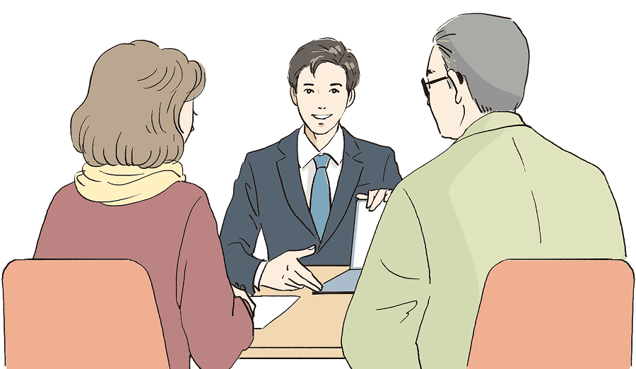 社員とお客さんが相談をしているイラスト